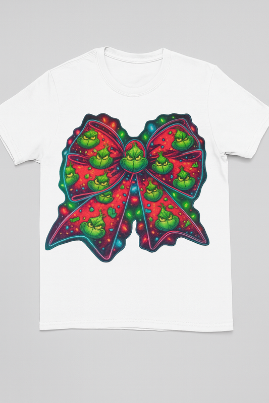 Grinch Christmas Bow T-Shirt – Funny Holiday Graphic Tee with Neon Bow & Grumpy Grinch Faces